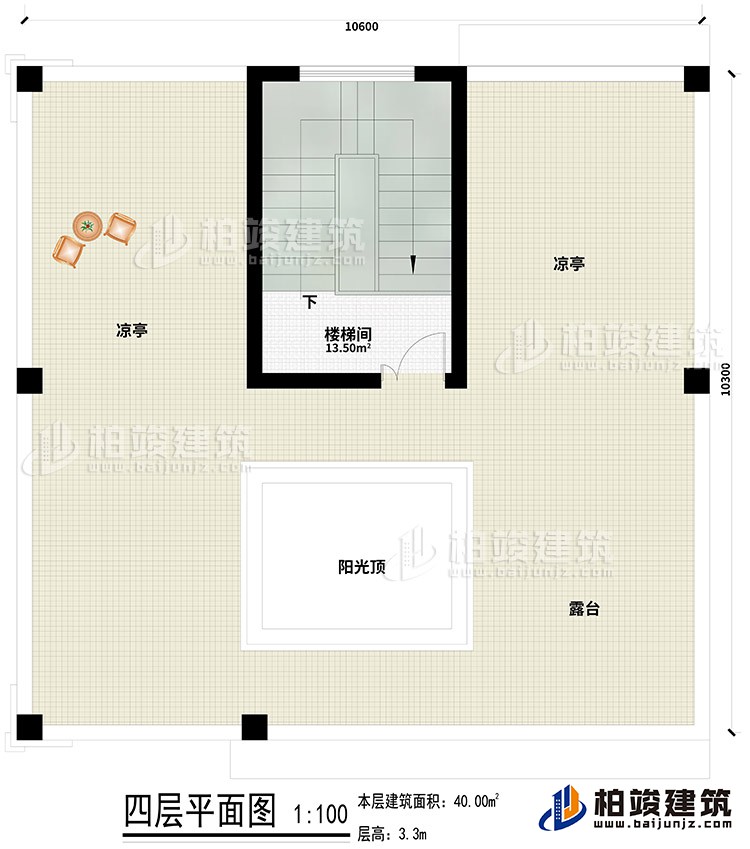 四层：楼梯间、2凉亭、露台、阳光顶